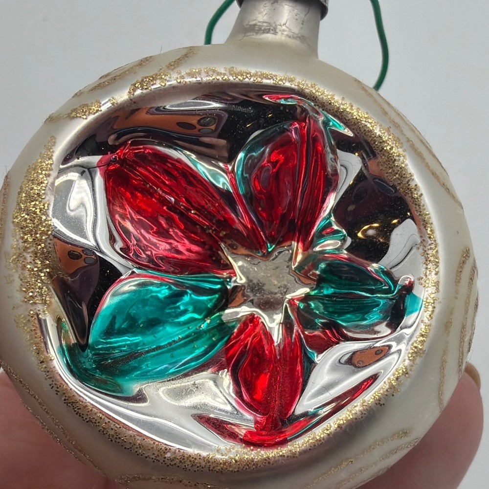 Vintage White Satin Glass Ball Christmas Ornament Gold Glitter Swirl Pattern